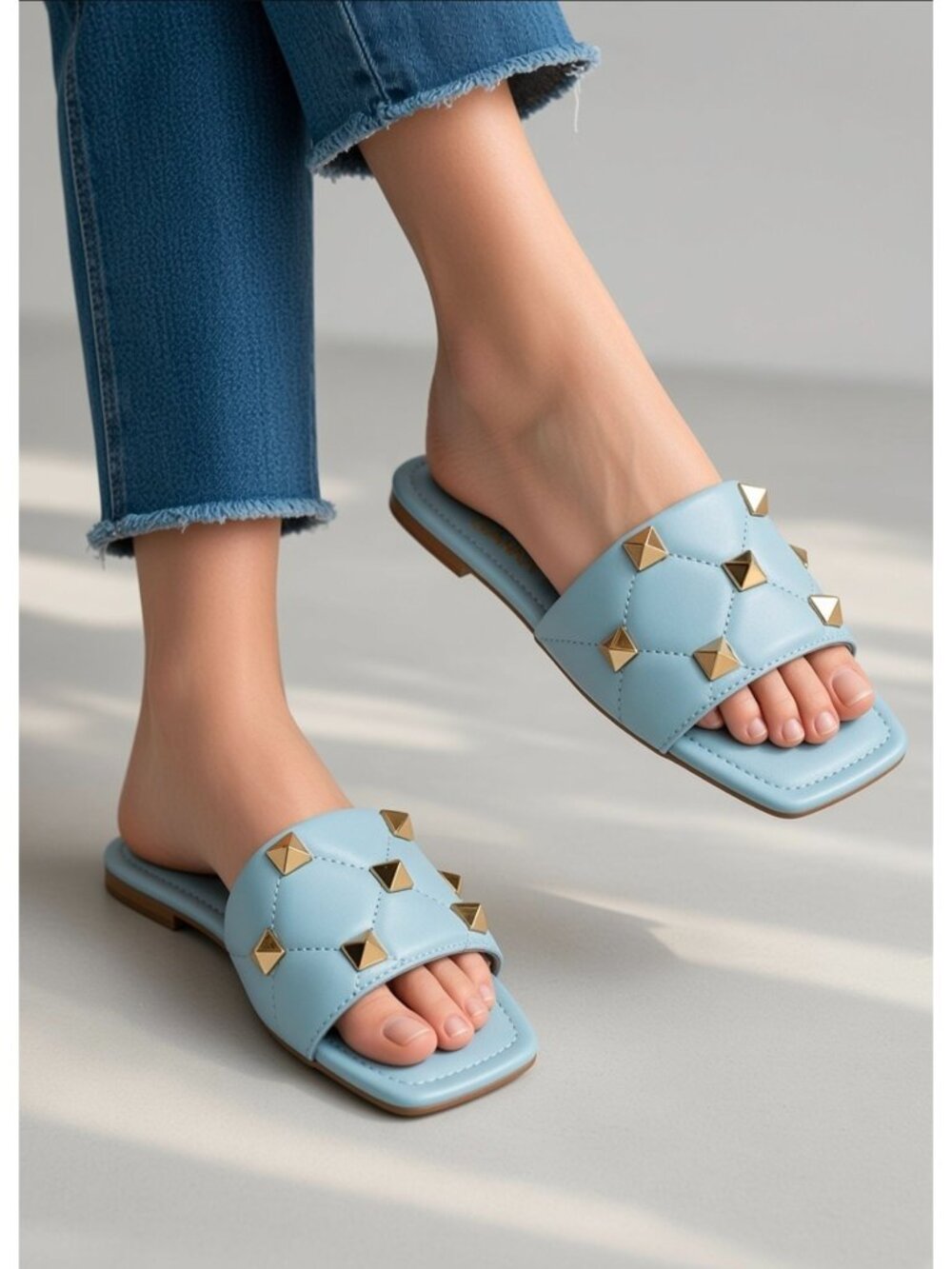 Light Blue Quilted Slide Sandals Gold Studded Square Toe Flats
